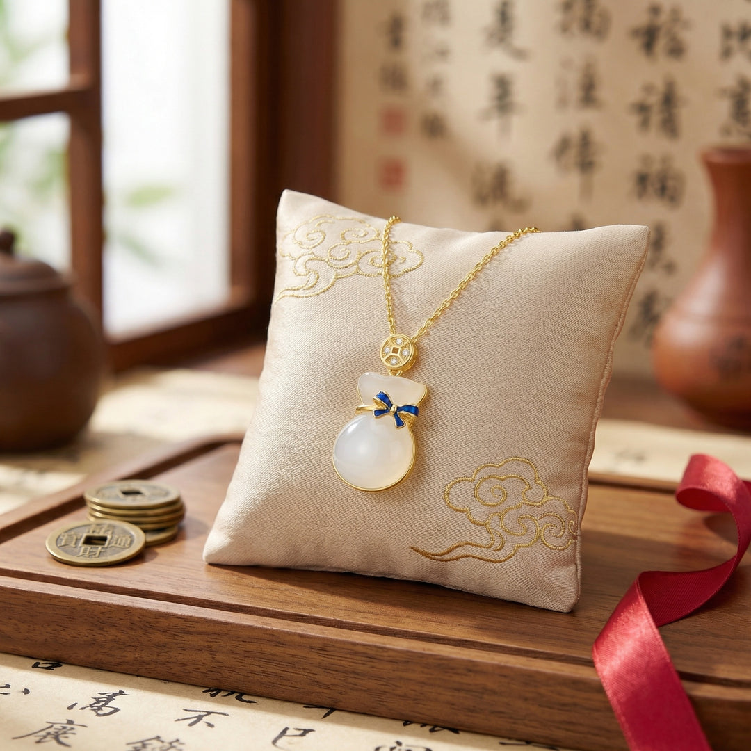 💎 White Jade Money Bag Necklace with Blue Enamel Bow
