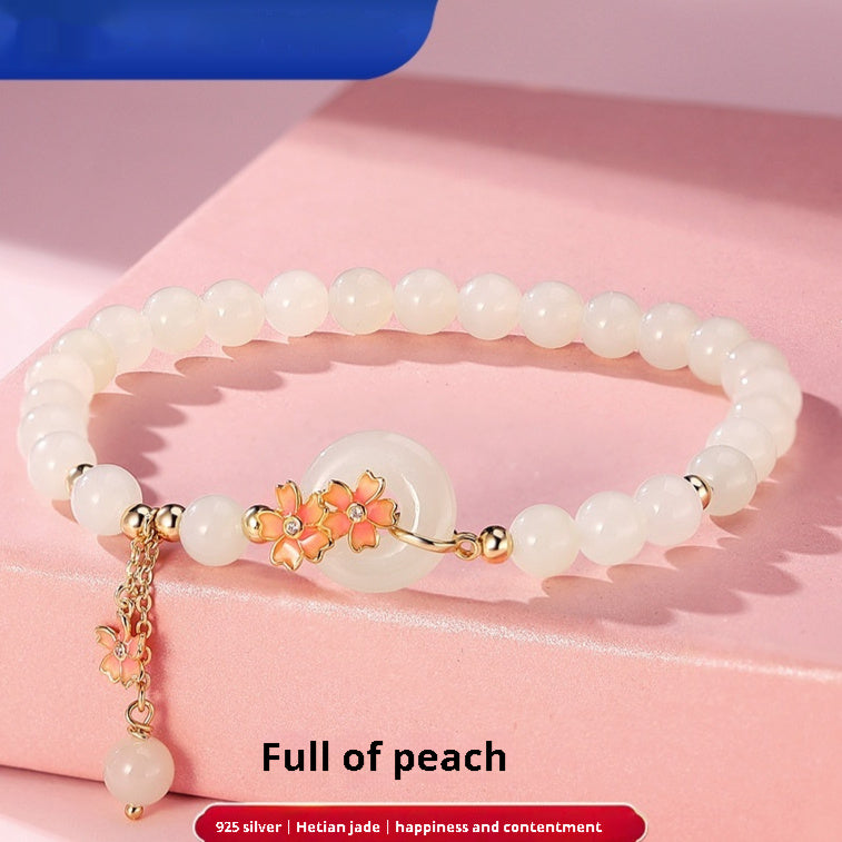 Hetian Jade Peach Blossom Bracelet – 925 Sterling Silver Mori Style Elegant Jewelry