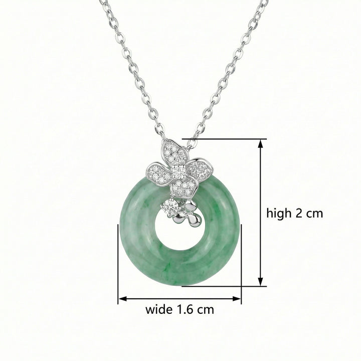 925 Sterling Silver Green Jade Donut (Bi Disc) Pendant Necklace with Floral Crystal Accent