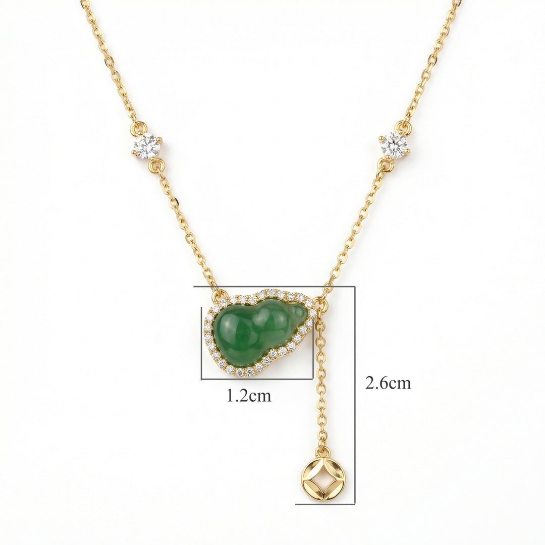 ✨ 925 Sterling Silver Auspicious Green Jade Hulu Pendant Necklace with Diamond Halo & Charm ✨