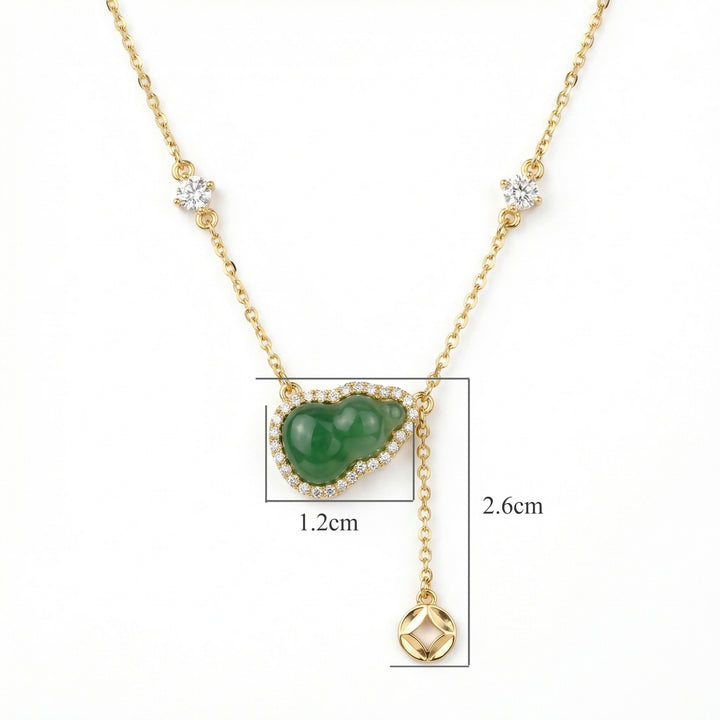 ✨ 925 Sterling Silver Auspicious Green Jade Hulu Pendant Necklace with Diamond Halo & Charm ✨