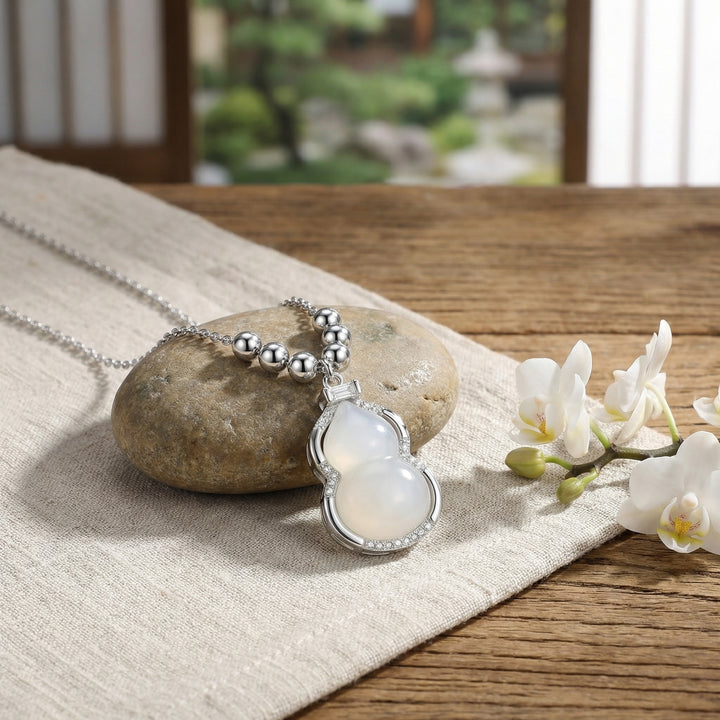 925 Sterling Silver Gourd Necklace – White Jade Pendant with Sparkling Crystal Accents