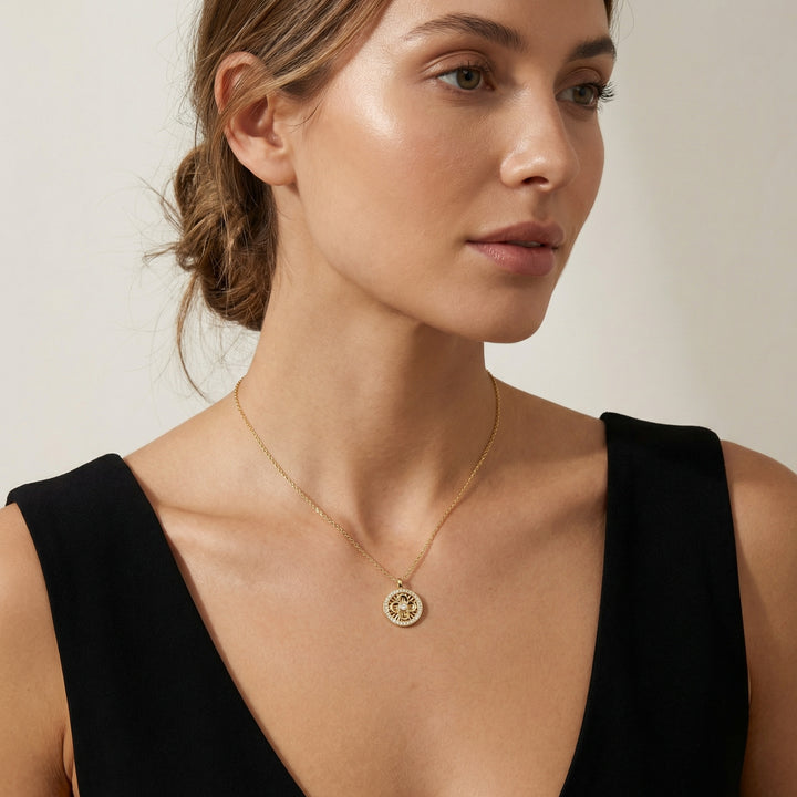 925 Sterling Silver Openwork Four-Petal Flower Medallion Necklace with Pavé Gemstone Halo