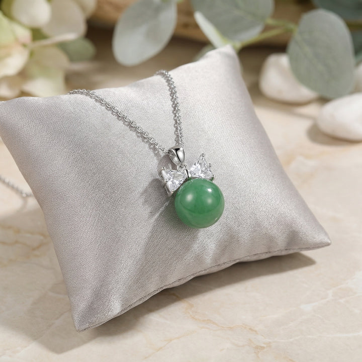 925 Sterling Silver Green Jade Sphere Necklace – Sparkling Bowknot Pendant