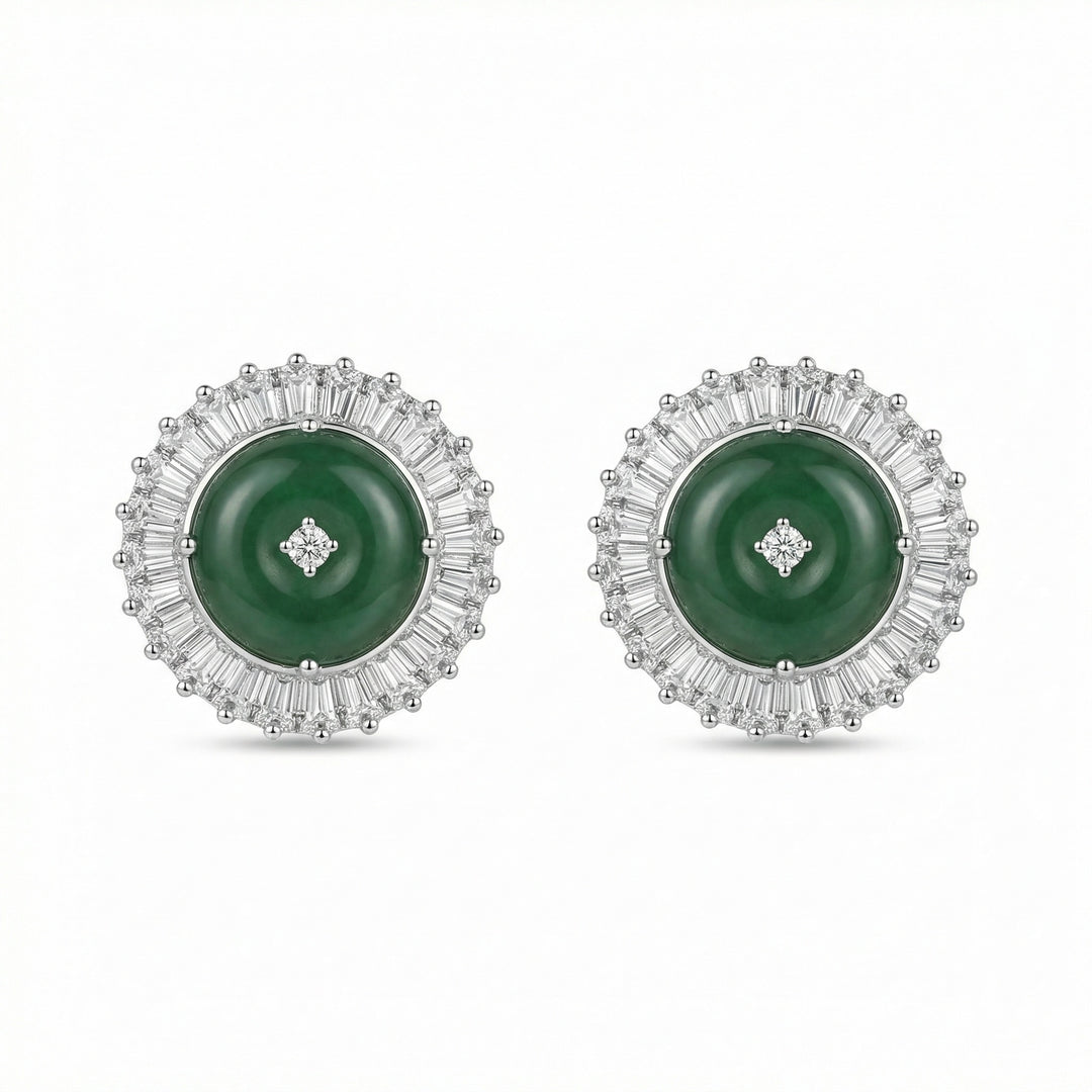 925 Sterling Silver Circular Green Jade Halo Stud Earrings with Baguette Diamonds