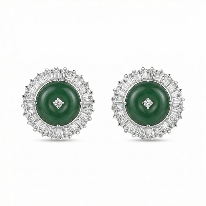 925 Sterling Silver Circular Green Jade Halo Stud Earrings with Baguette Diamonds