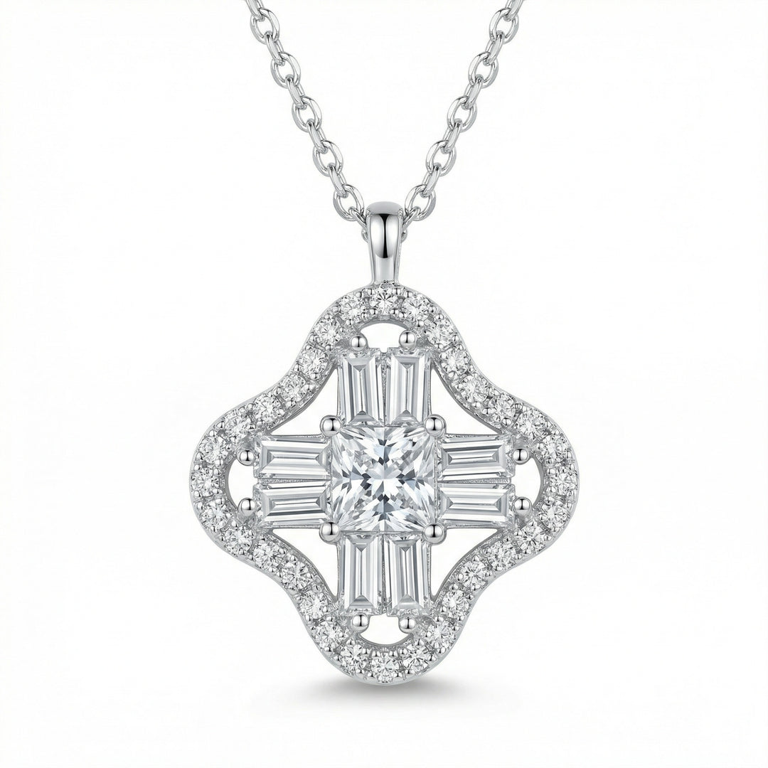 ✨ 925 Sterling Silver Elegant Diamond Pendant Necklace with Square & Baguette Accents ✨