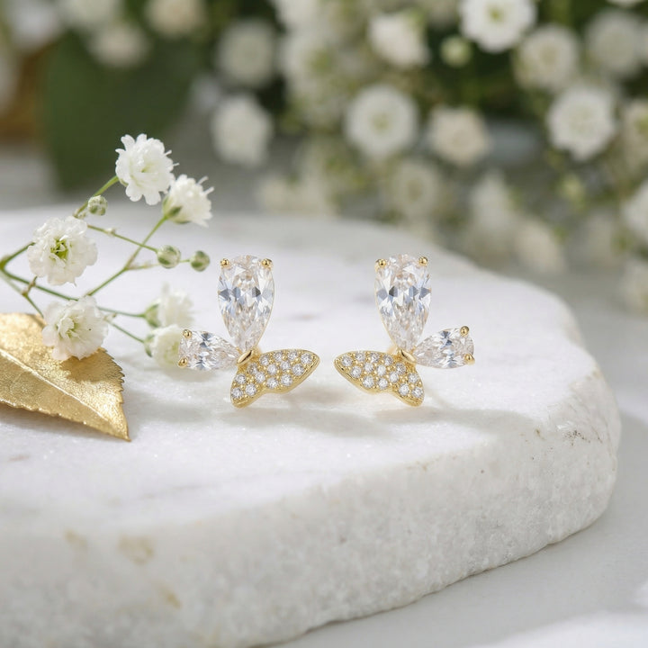 🦋 925 Sterling Silver Butterfly Stud Earrings with Pear-Cut & Pavé Stones 🦋