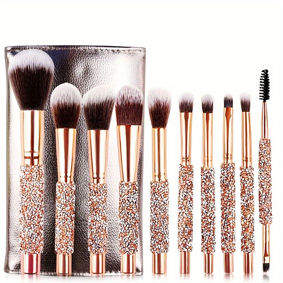 💎 10-Piece Luxury Crystal Makeup Brush Set – Diamond Rivet Handle with Pouch (Face & Eye Kit) 💄✨
