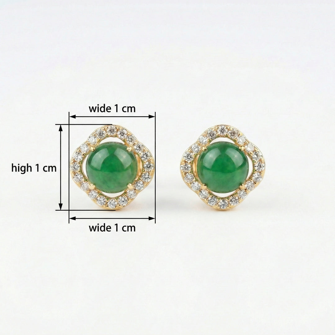 925 Sterling Silver Scalloped Green Jade Cabochon Earrings with Diamond Halo