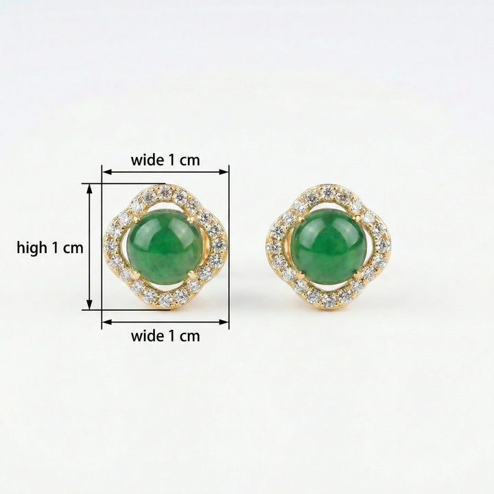 925 Sterling Silver Scalloped Green Jade Cabochon Earrings with Diamond Halo
