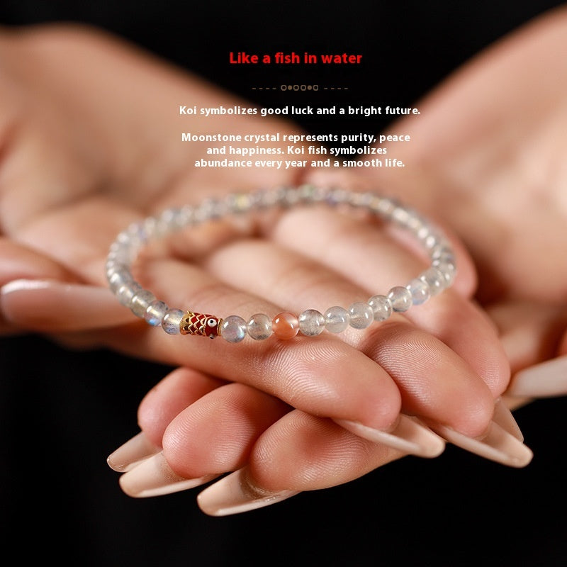 Handmade Moonstone Koi Enamel Bracelet – Light Luxury Design