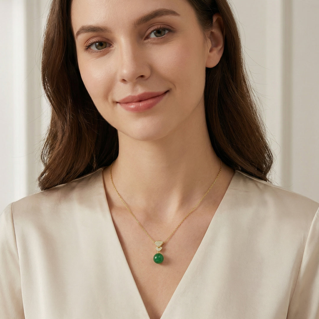 925 Sterling Silver Radiant Green Jade Orb Necklace – Geometric Diamond Accents