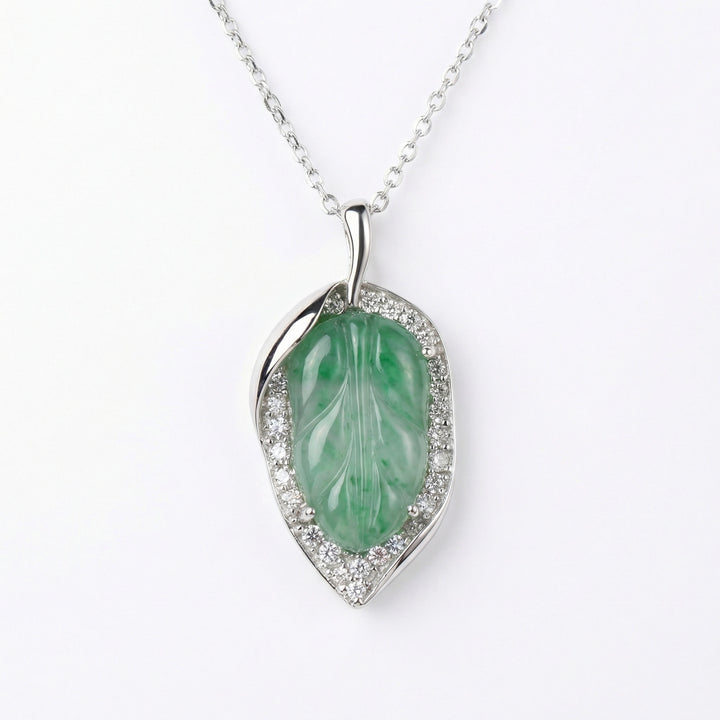 925 Sterling Silver Elegant Leaf-Shaped Green Jade Pendant Necklace with Sparkling Diamond Accents