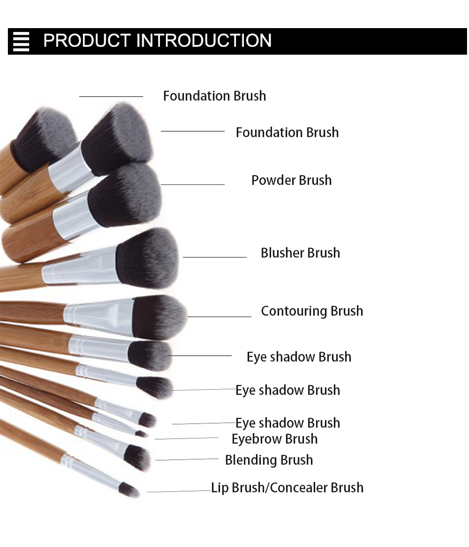 ✨ 11-Piece Bamboo Handle Makeup Brush Set — Linen Bag Beauty Tools 💄🌿