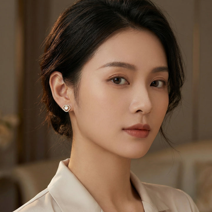 ✨ 925 Sterling Silver Heart-Shaped Mother-of-Pearl & Diamond Ruyi Stud Earrings ✨