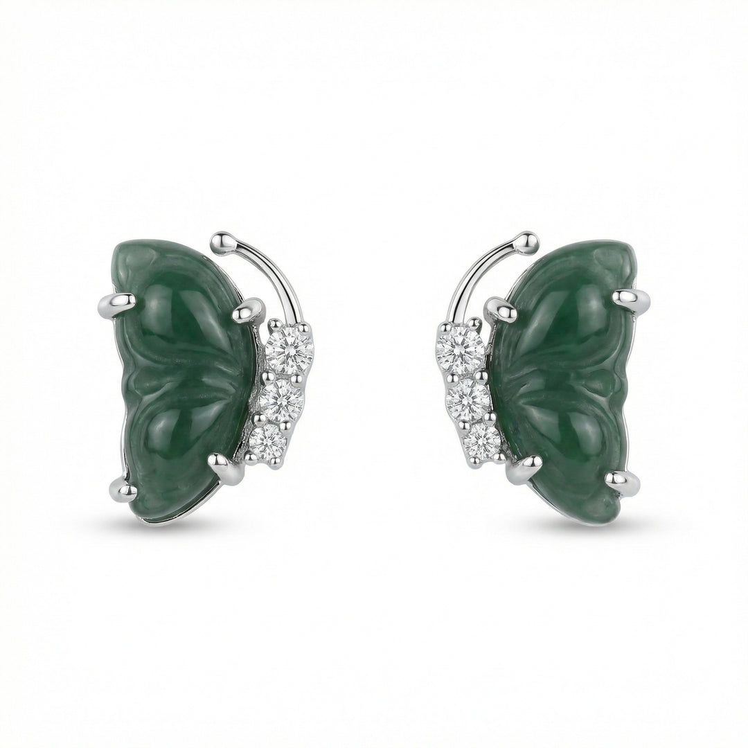 925 Sterling Silver Green Jade Butterfly Wing Stud Earrings with Sparkling Accents