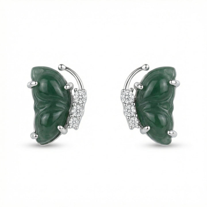 925 Sterling Silver Green Jade Butterfly Wing Stud Earrings with Sparkling Accents
