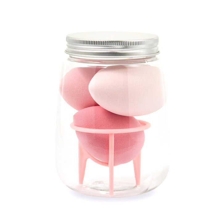 🥚💄 3+1 Makeup Sponge Set – Beauty Egg Cotton Puff Kit with Holder & Bottle