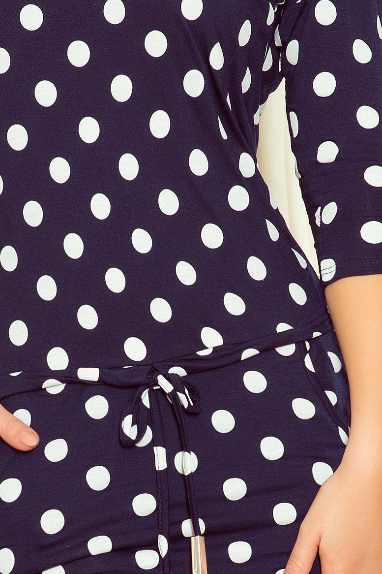 Sports dress with binding and pockets - navy blue + polka dots