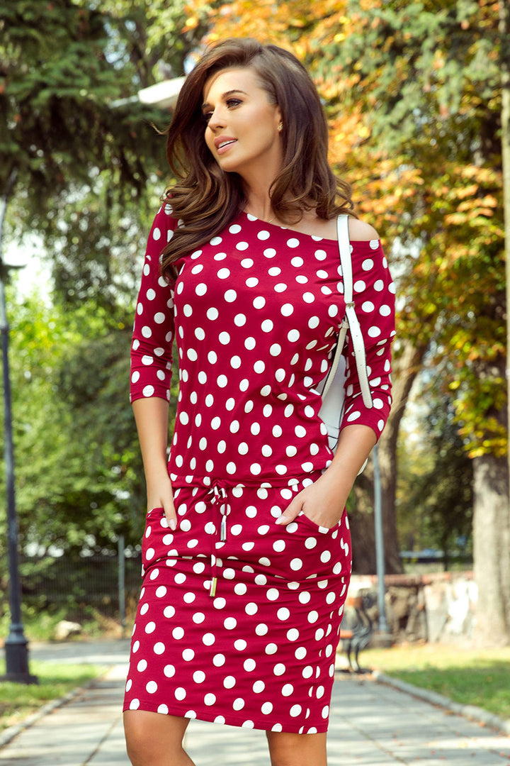 Sports dress with binding and pockets - burgundy + polka dots