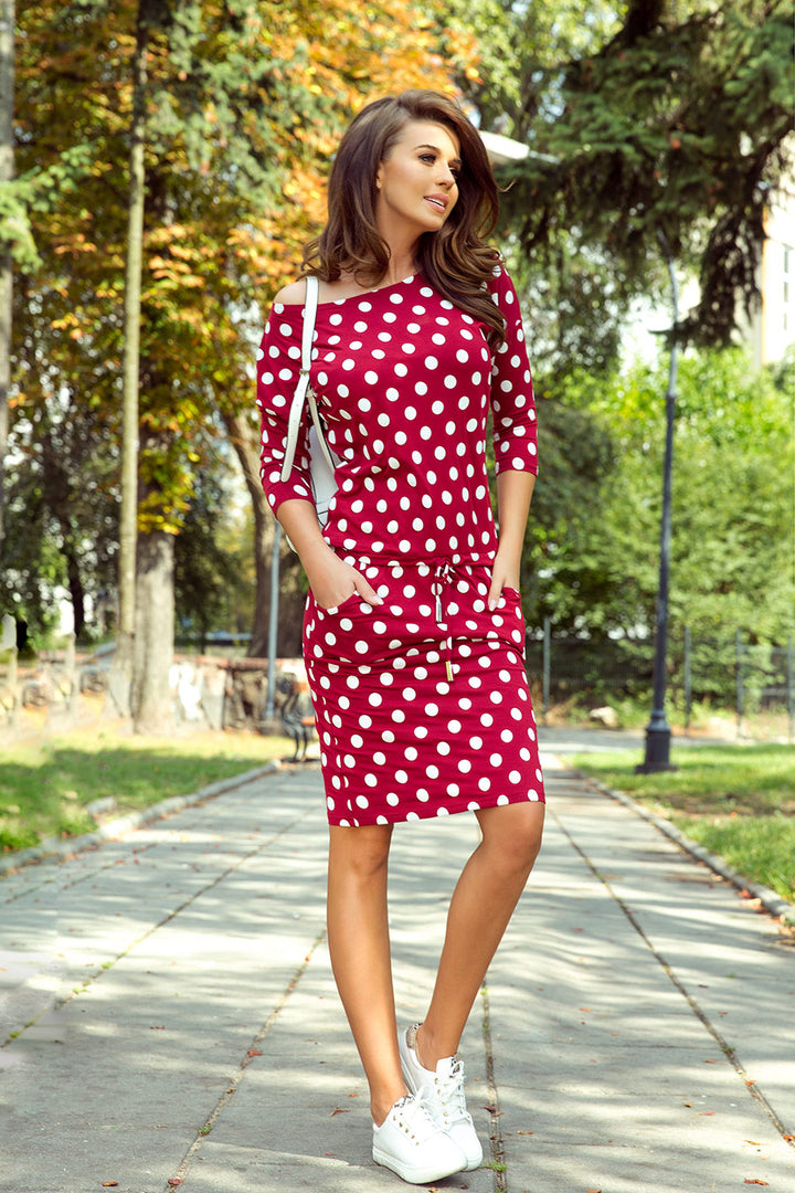 Sports dress with binding and pockets - burgundy + polka dots