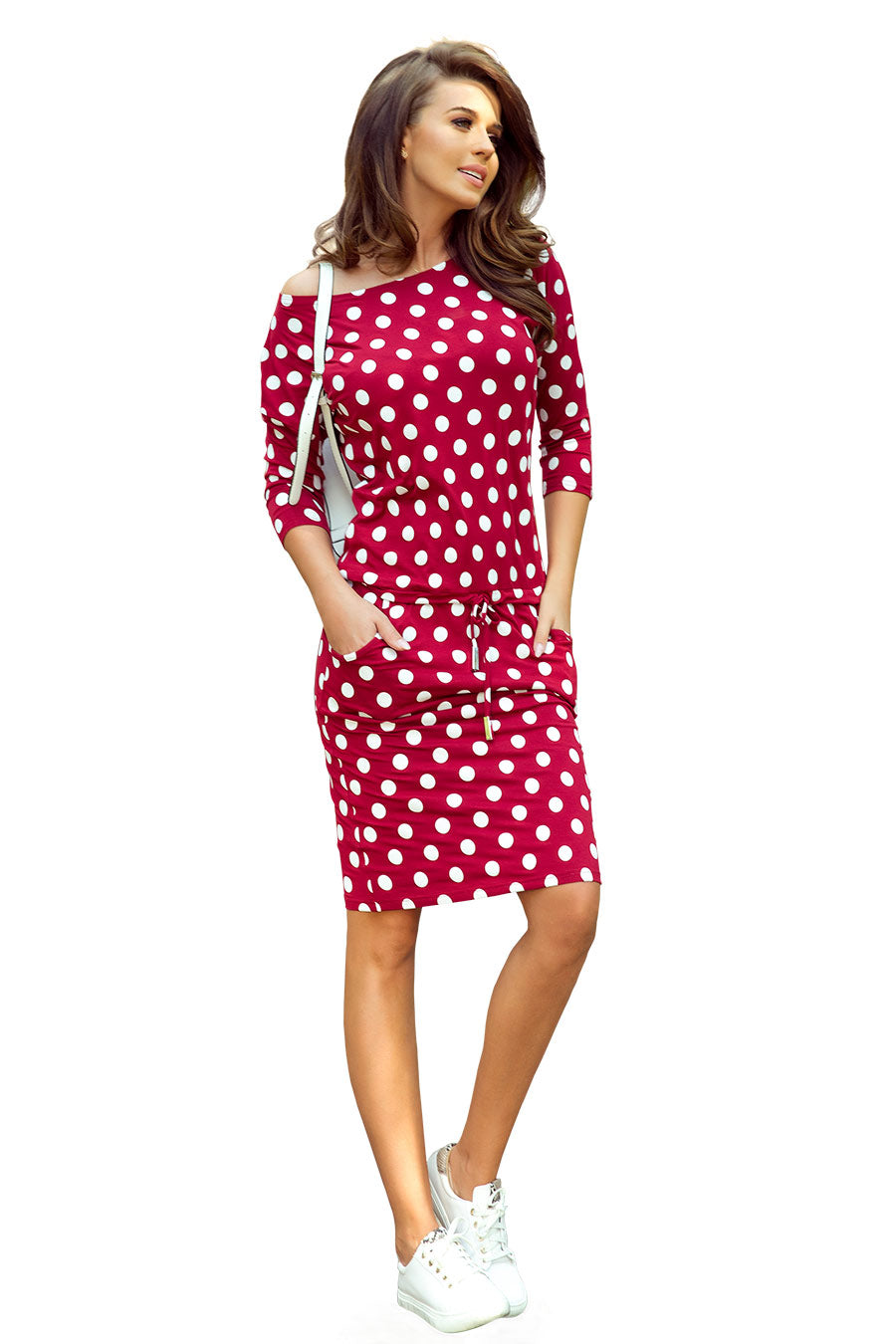 Sports dress with binding and pockets - burgundy + polka dots