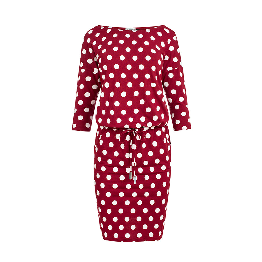 Sports dress with binding and pockets - burgundy + polka dots