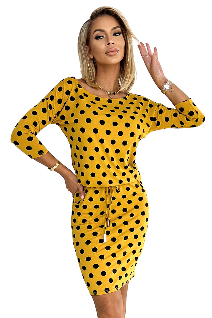 Sports dress with binding and pockets - mustard with black polka dots