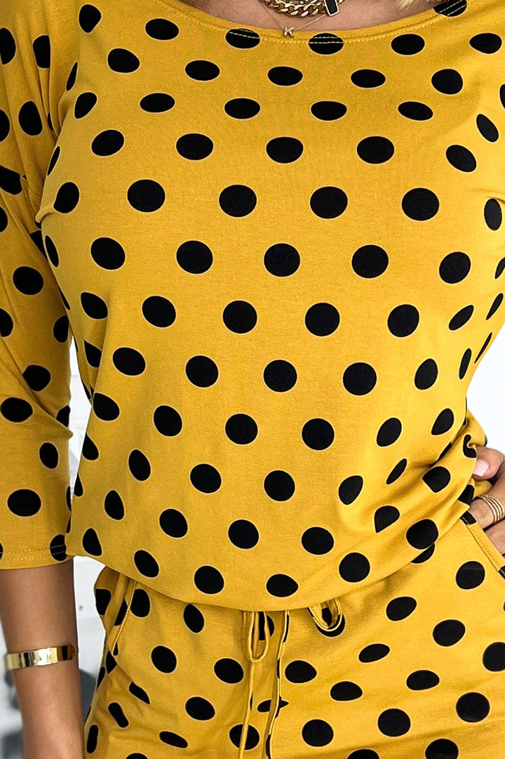 Sports dress with binding and pockets - mustard with black polka dots