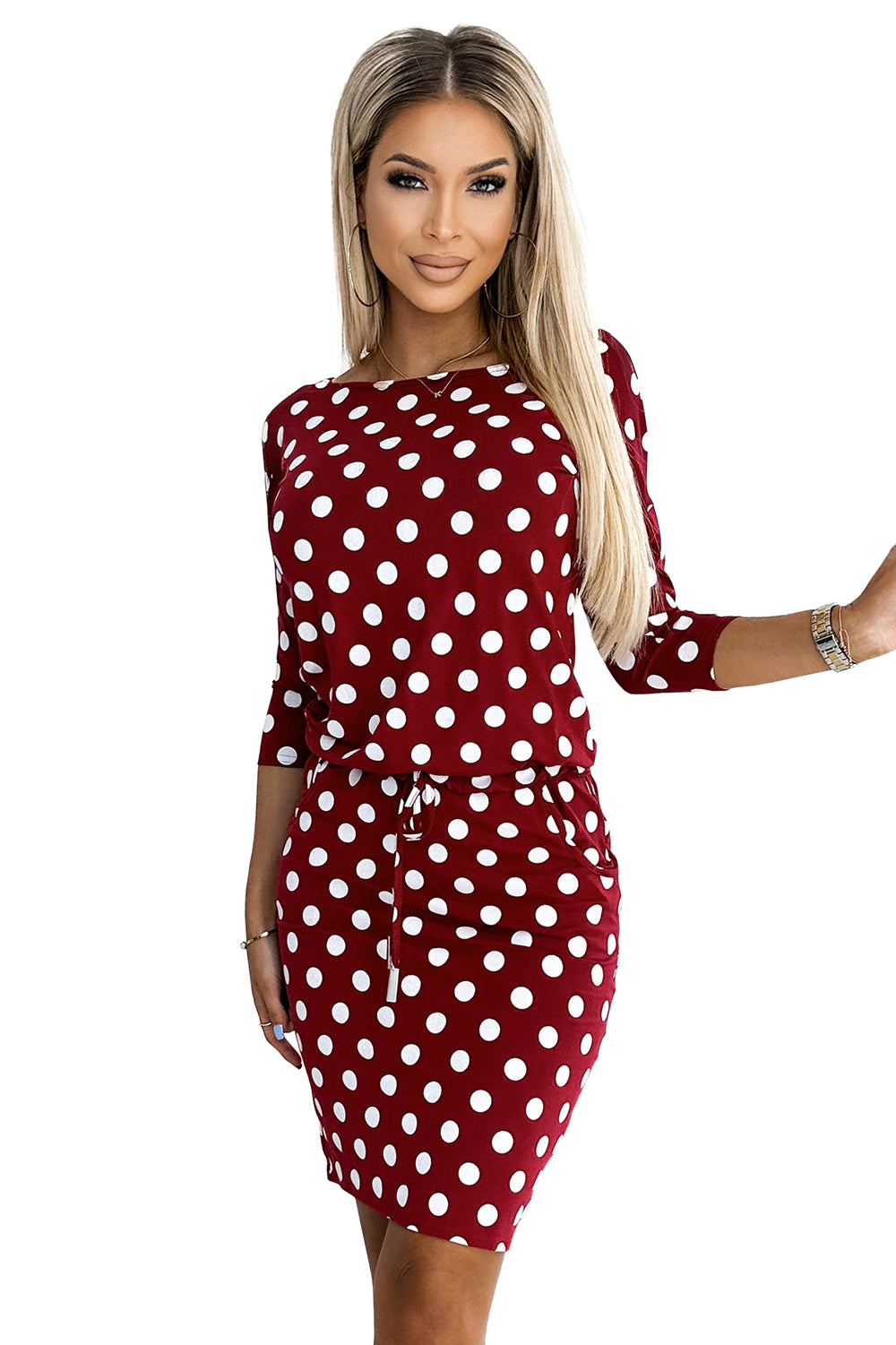 Sports dress with binding and pockets - burgundy + polka dots