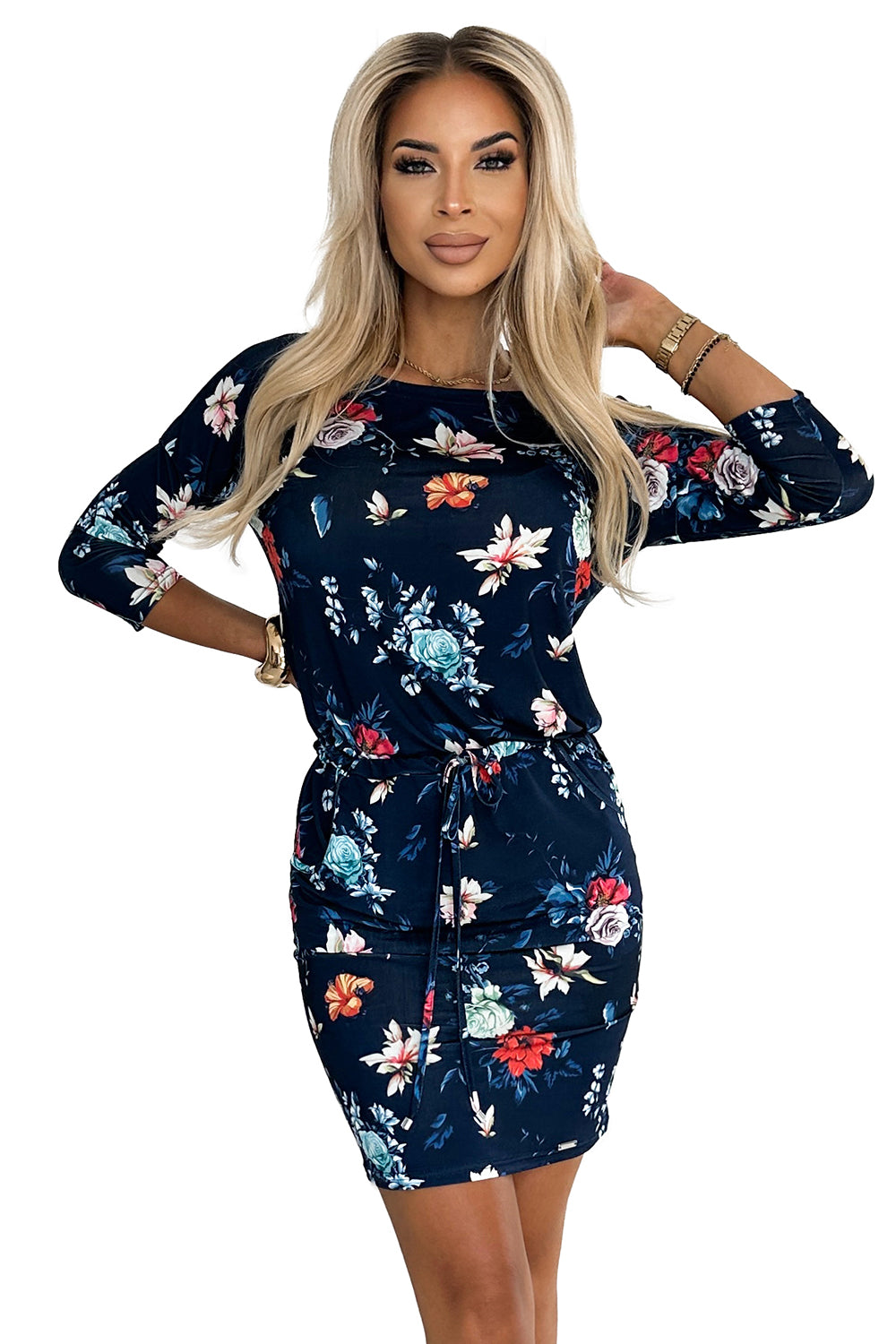 Sporty dress - colorful flowers on a dark blue background