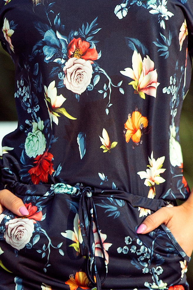 Sporty dress - colorful flowers on a dark blue background