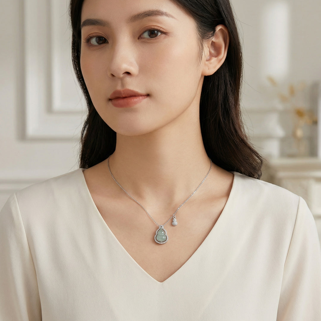 925 Sterling Silver Green Jadeite Double Gourd Pendant Necklace – Elegant Diamond Accent