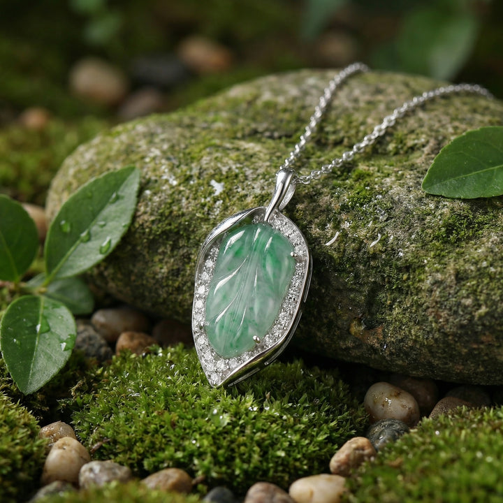 925 Sterling Silver Elegant Leaf-Shaped Green Jade Pendant Necklace with Sparkling Diamond Accents