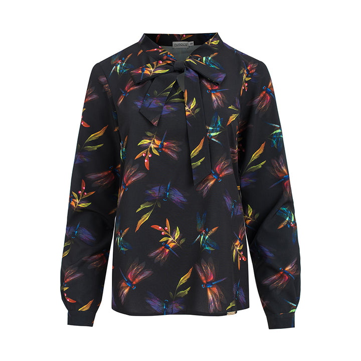 Blouse with bond - dark blue + colorful dragonflies