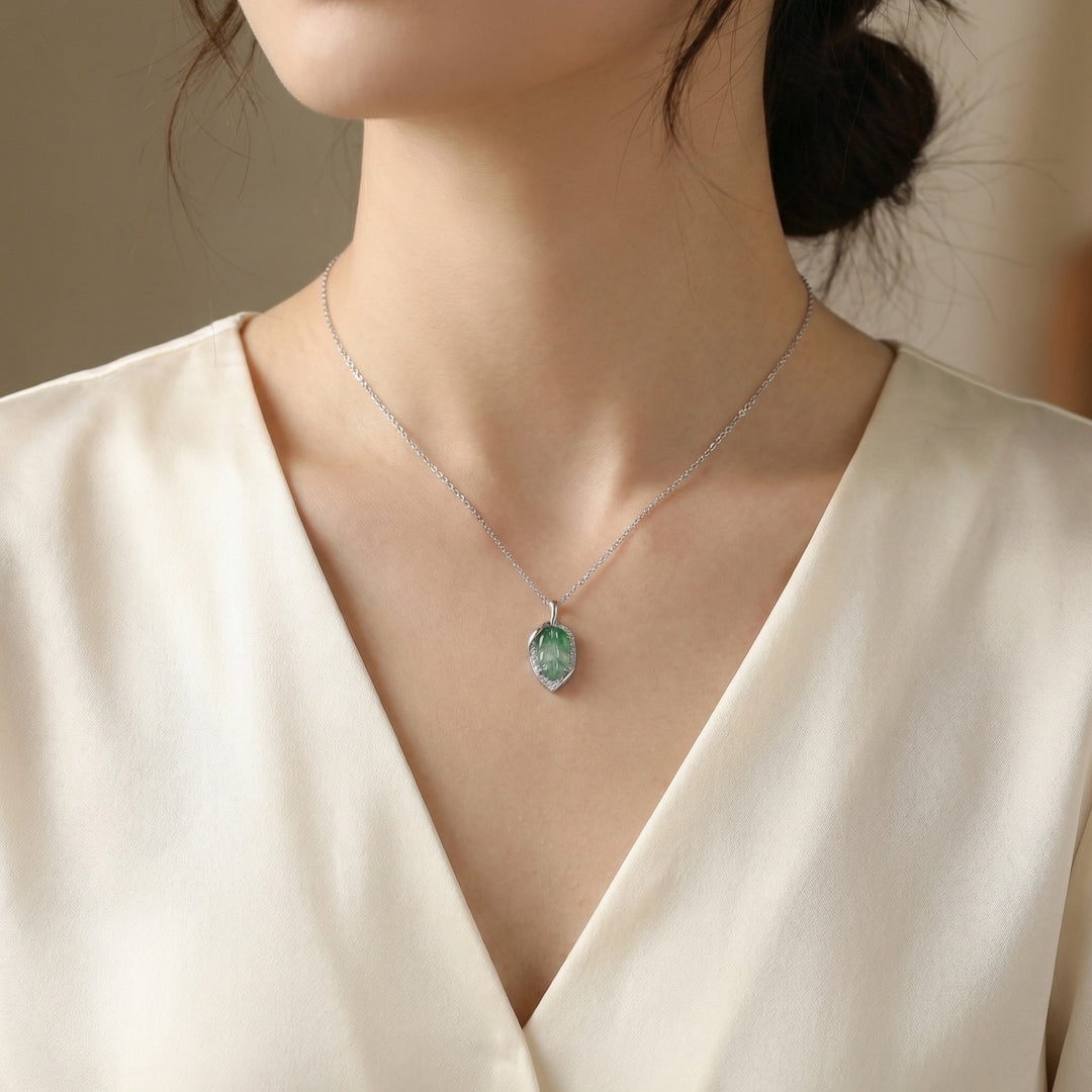 925 Sterling Silver Elegant Leaf-Shaped Green Jade Pendant Necklace with Sparkling Diamond Accents