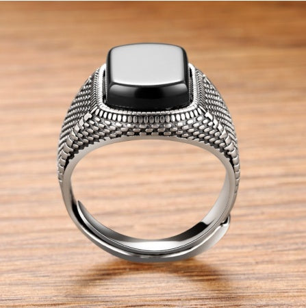 S925 Sterling Silver Black Agate Ring – Elegant Dazzle Statement Jewelry