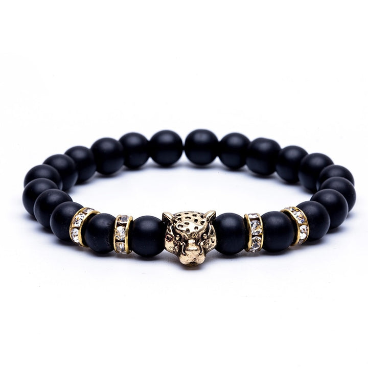 8mm Natural Lava Stone Leopard Head Bracelet for Men