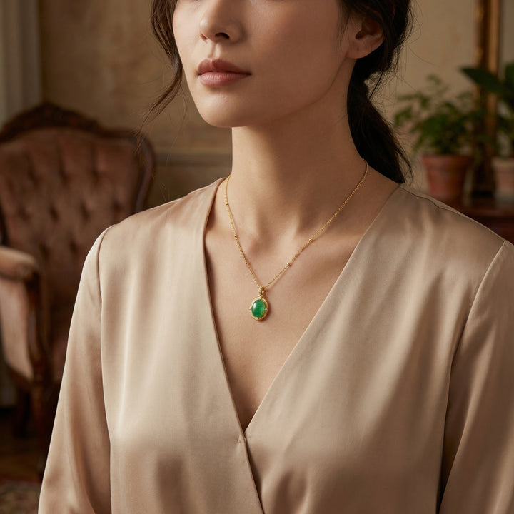 ✨ 925 Sterling Silver Radiant Oval Green Jade Pendant Necklace with Sparkling Accents ✨