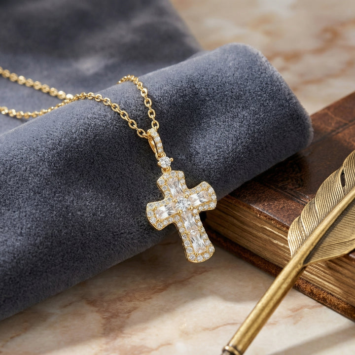 ✨ 925 Sterling Silver Baguette and Round Cut Cross Pendant Necklace in Radiant Finish