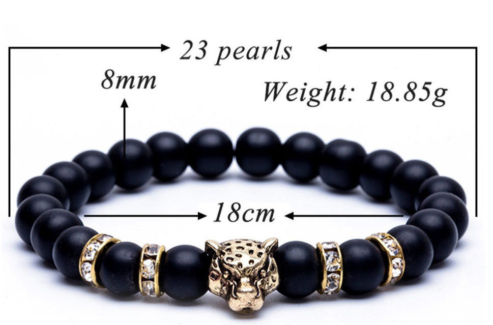 8mm Natural Lava Stone Leopard Head Bracelet for Men