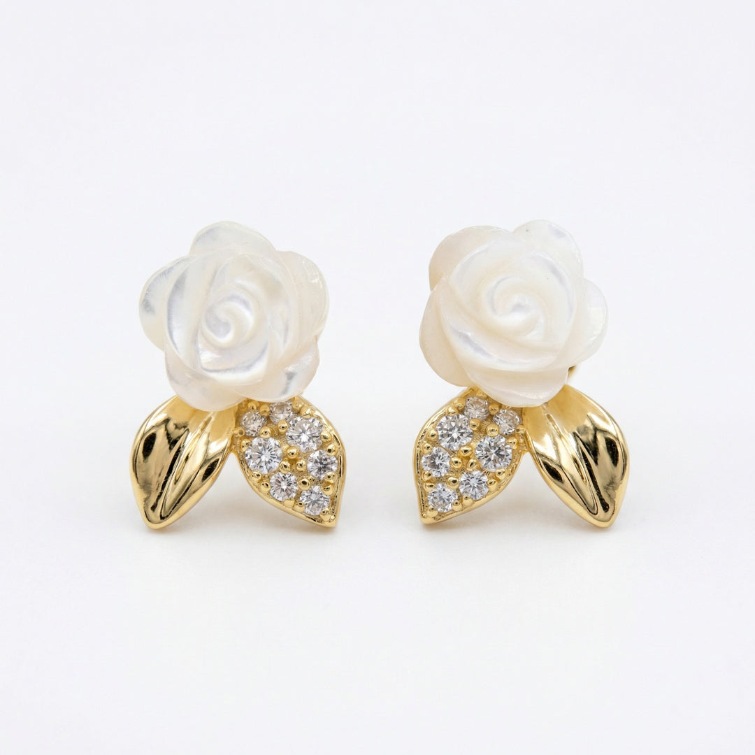 ✨ 925 Sterling Silver Mother-of-Pearl Rose Stud Earrings with CZ & Polished Leaf Accents ✨
