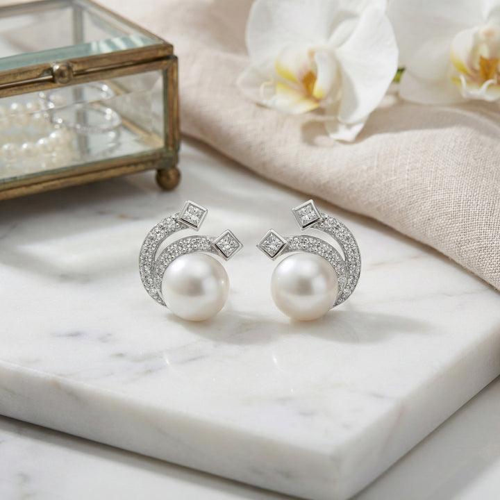 ✨ 925 Sterling Silver White Pearl Wave Stud Earrings with Princess-Cut & Pavé Accents ✨