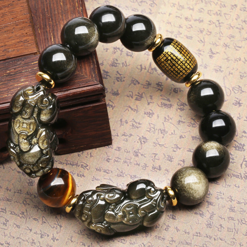 Natural Mexican Gold Obsidian Double Pi Xiu Bracelet