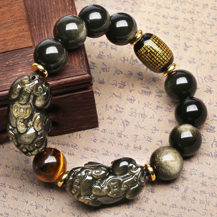 Natural Mexican Gold Obsidian Double Pi Xiu Bracelet