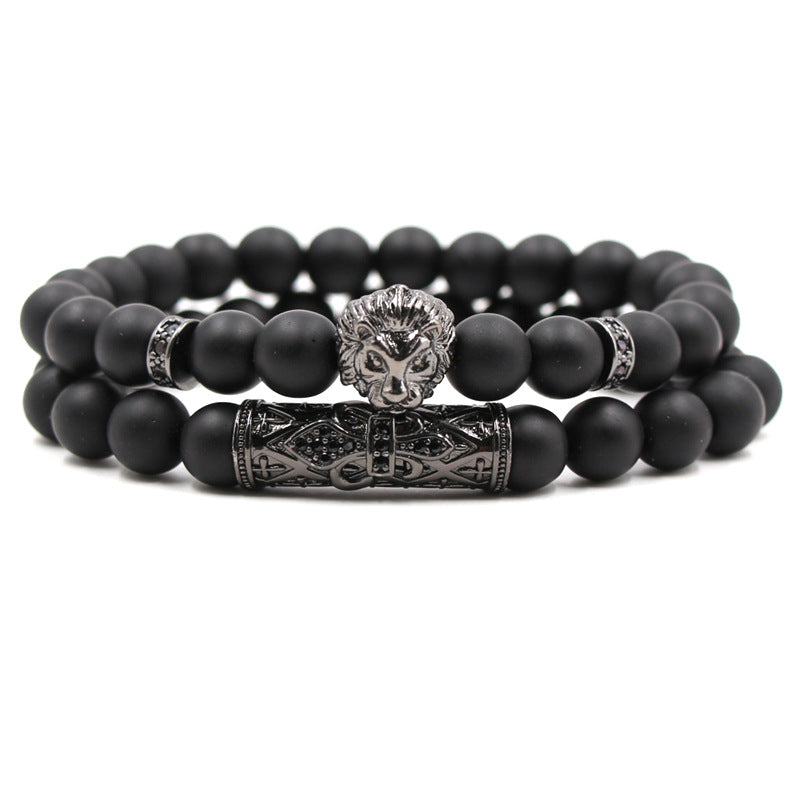 Micro-Inlaid Zircon Lion Head Frosted Stone Elastic Bracelet – Set of Two