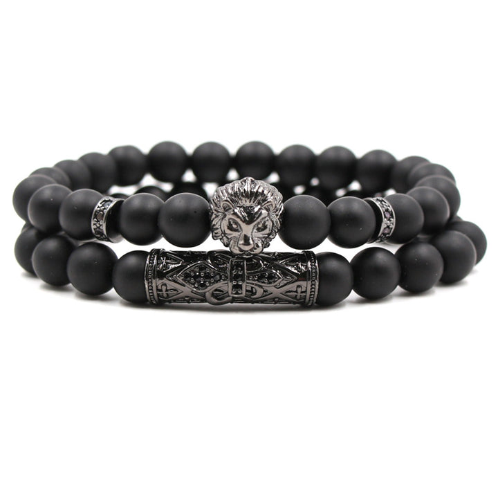 Micro-Inlaid Zircon Lion Head Frosted Stone Elastic Bracelet – Set of Two