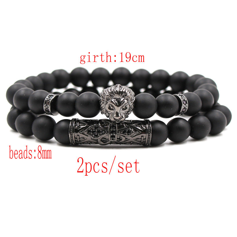 Micro-Inlaid Zircon Lion Head Frosted Stone Elastic Bracelet – Set of Two