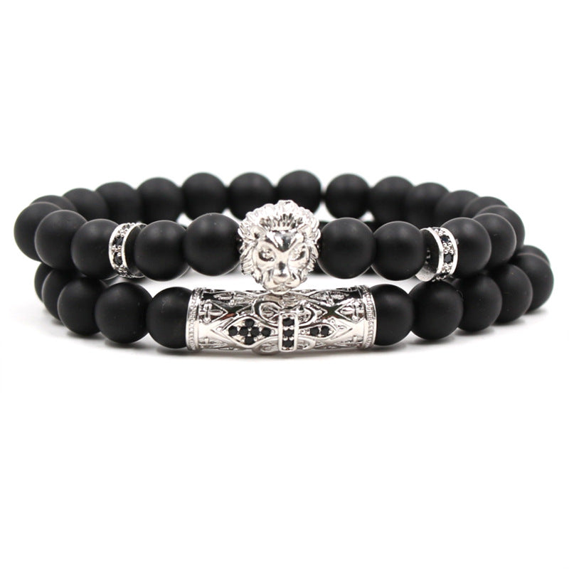 Micro-Inlaid Zircon Lion Head Frosted Stone Elastic Bracelet – Set of Two